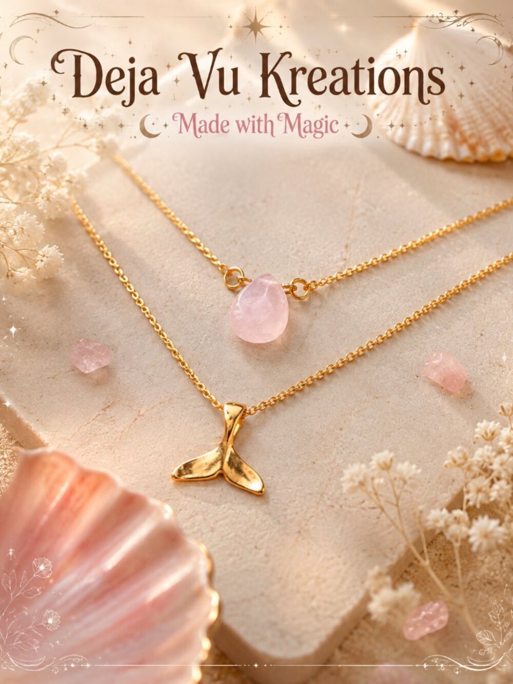 Gold Tone Layered Necklace Mermaid Tail Faux Rose Quartz